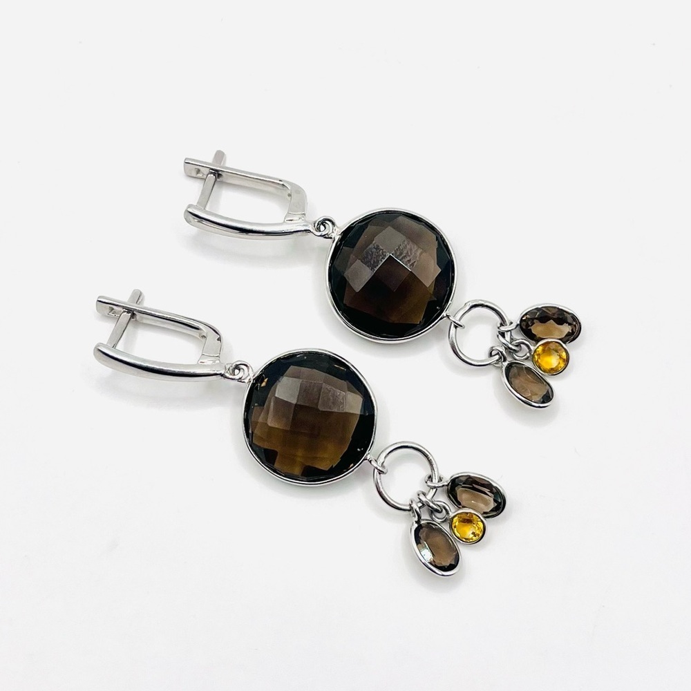 Smokey Quartz 18.15 CT Dangle Silver Tone Earrings - Picture 2 of 3